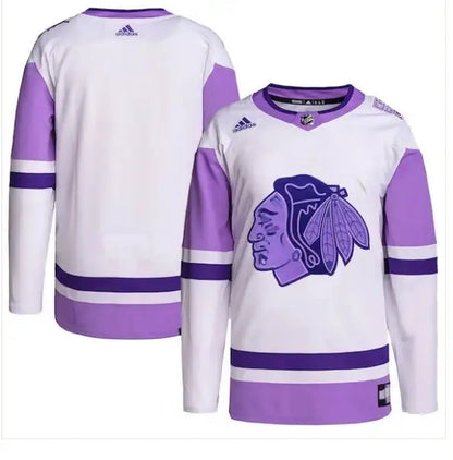 White and lavender Chicago Blackhawks Hockey Fights Cancer adidas Practice Jersey