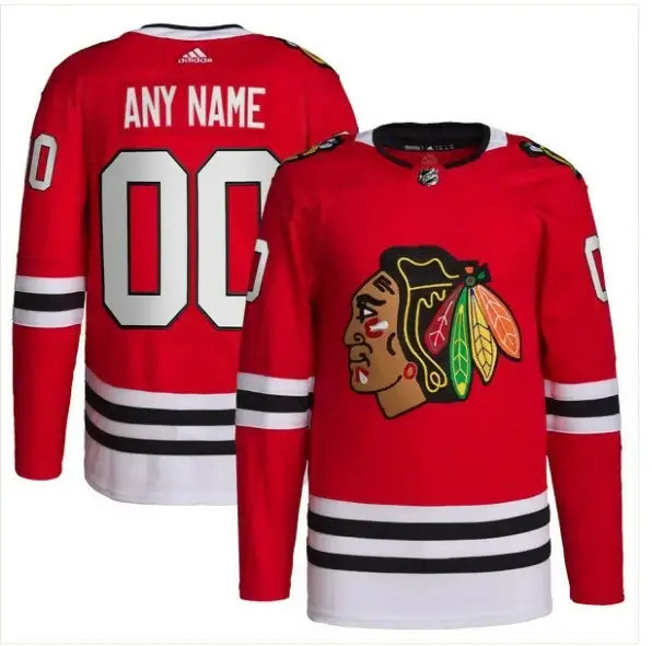 Red Chicago Blackhawks adidas Home Primegreen Authentic Custom Jersey displayed on product page