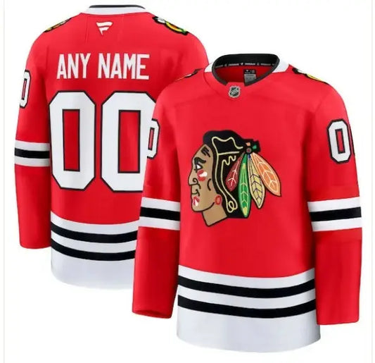 Red Chicago Blackhawks hockey jersey displayed in a home premium custom jersey product