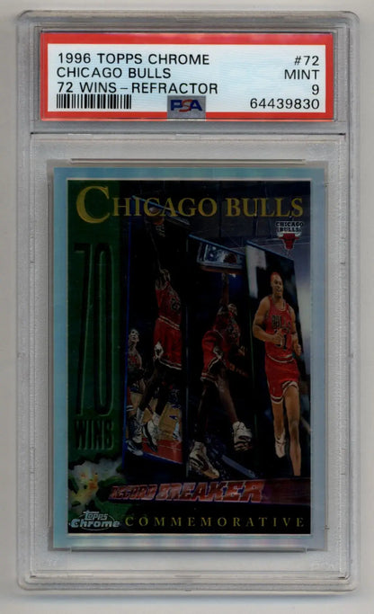 Graded Chicago Bulls 1996 Topps Chrome Wins Refractor #72 PSA 9 Mint basketball card