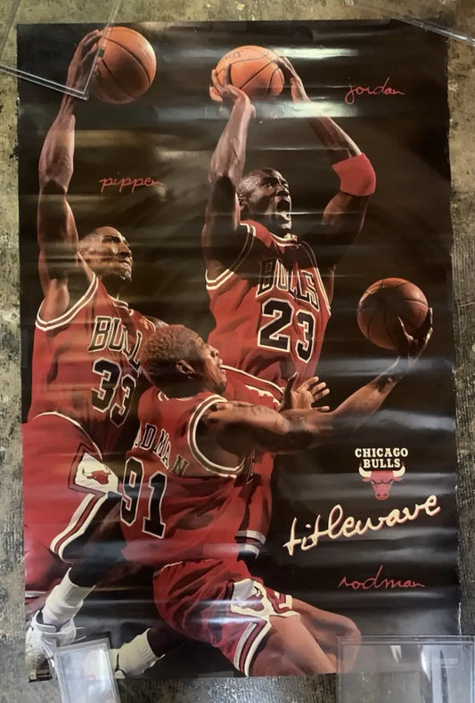 Vintage Chicago Bulls poster featuring Michael Jordan, Scottie Pippen, Dennis Rodman in action sports memorabilia