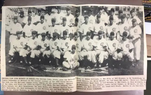 Vintage baseball team picture from the Chicago Cubs 1945 World Series newspaper cut