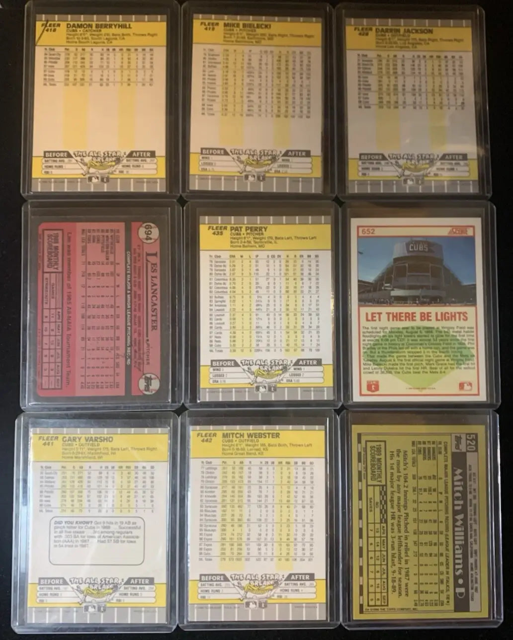 Nine encased baseball cards featuring Chicago Cubs autographs from the 1989 Fleer Score Topps lot