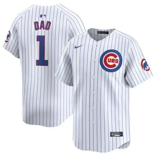 Chicago Cubs Nike #1 Dad Home Limited White Baseball Jersey on display