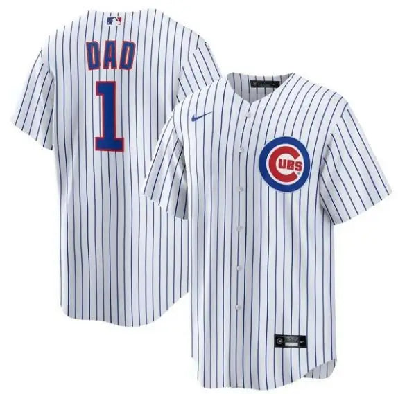 Chicago Cubs Nike #1 Dad Home Replica Jersey in white displayed for sale