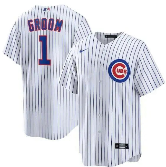 White pinstripe Chicago Cubs Nike #1 Groom Home Replica Baseball Jersey
