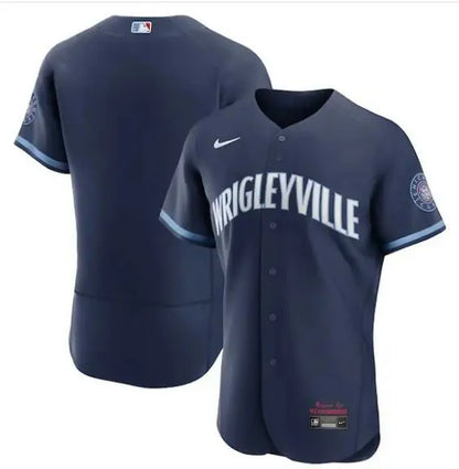 Navy blue Chicago Cubs Nike City Connect authentic baseball jersey displayed