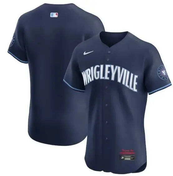 Navy blue Chicago Cubs Nike City Connect Elite baseball jersey on display
