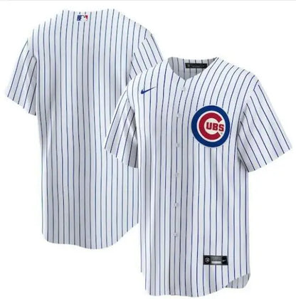 Chicago Cubs Nike home white pinstripe replica baseball jersey displayed