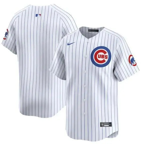 Chicago Cubs Nike home limited white pinstripe baseball jersey displayed as a product photo