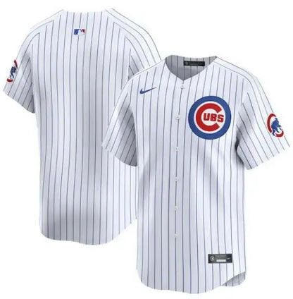 Chicago Cubs Nike home limited white pinstripe baseball jersey displayed as a product photo