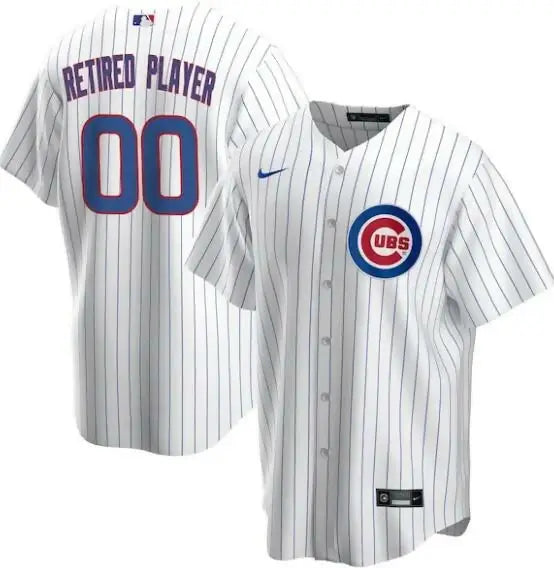 Chicago Cubs Nike home white pinstripe replica baseball jersey displayed