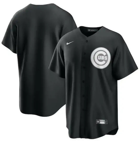 Black Chicago Cubs Nike official replica baseball jersey on display