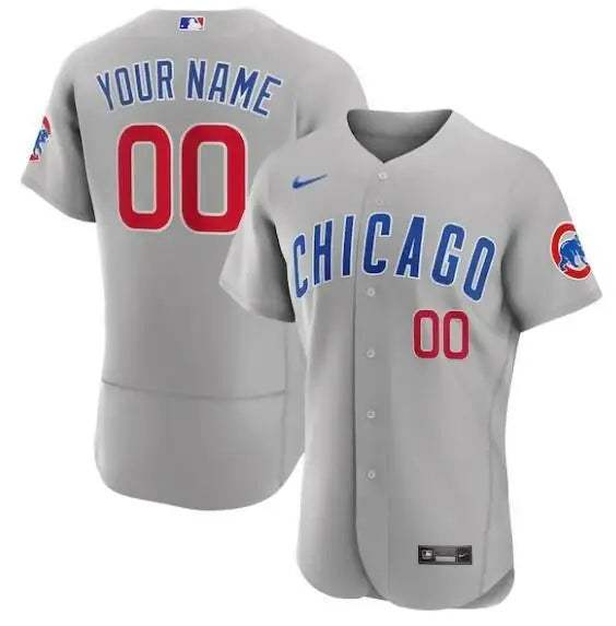 Gray Chicago Cubs Nike Road Authentic Custom Jersey displayed on a retail product page