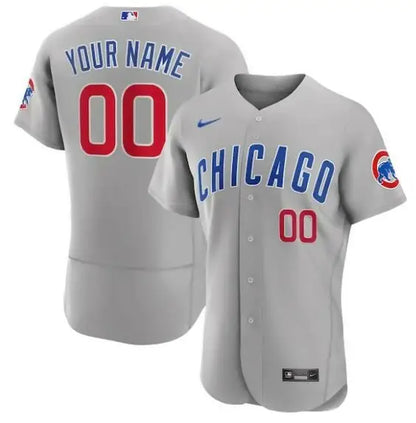 Gray Chicago Cubs Nike Road Authentic Custom Jersey displayed on a retail product page