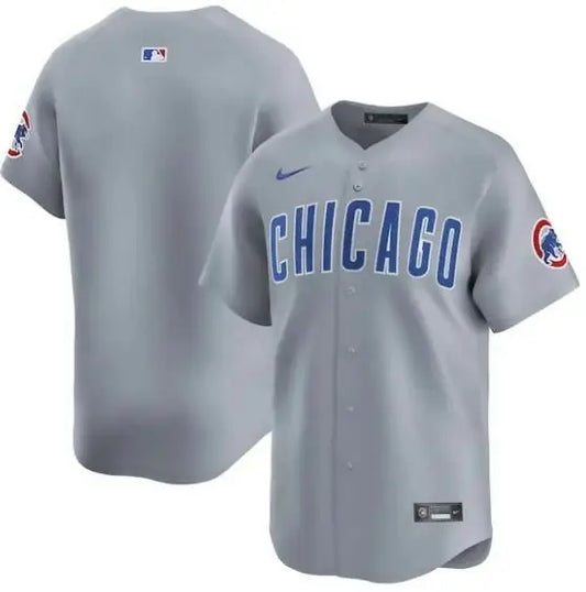 Gray Chicago Cubs Nike Road Limited Jersey displayed on a website product page