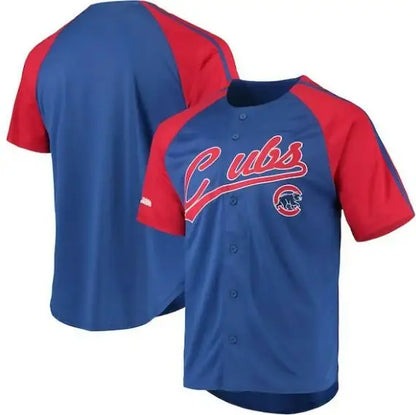 Blue and red Chicago Cubs Stitches Button-Down Raglan Replica Jersey