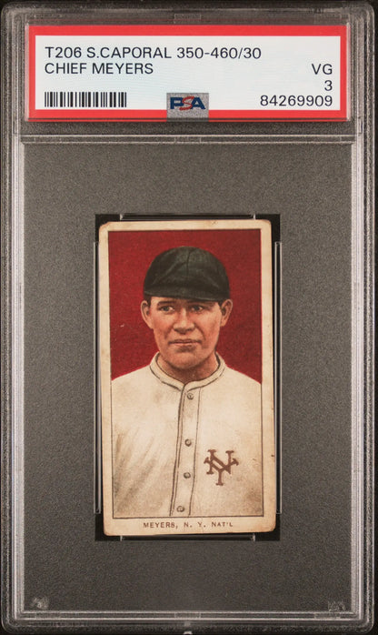 PSA-graded Chief Meyers T206 Sweet Caporal baseball card from the New York Giants