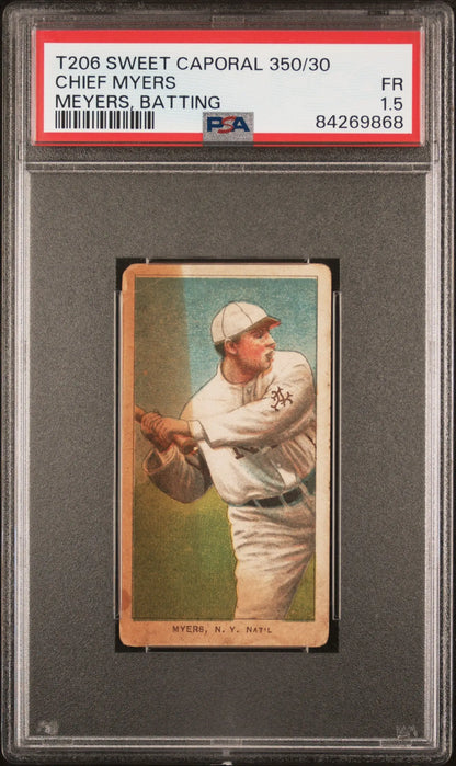 PSA-graded Chief Myers Meyers T206 Sweet Caporal baseball card preparing to bat