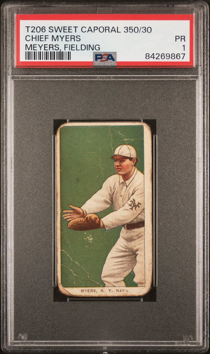 Vintage Chief Myers Meyers T206 Sweet Caporal baseball card fielding pose on green background