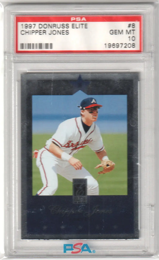 Graded Chipper Jones baseball card from Donruss Elite series by Columbia Hobby