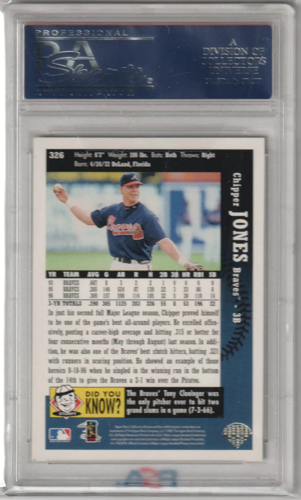 Graded Chipper Jones baseball card from Columbia Hobby, PSA 10 Gem Mint collectible