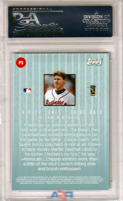 Graded Chipper Jones baseball card from Stadium Club featuring Chipper Jones, Columbia Hobby