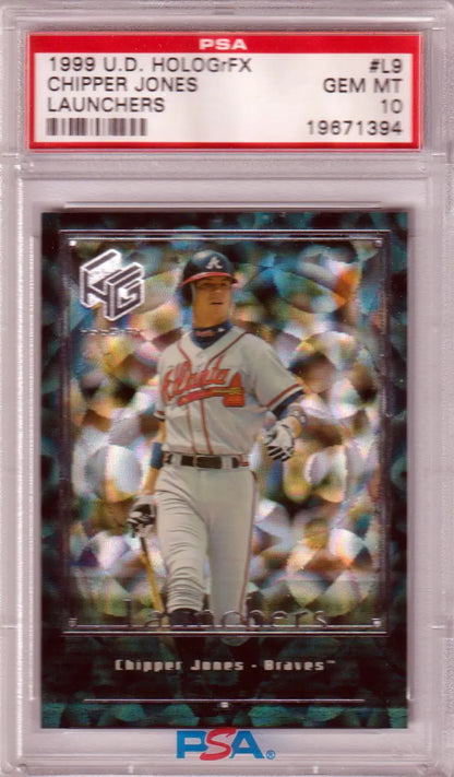 Graded Chipper Jones baseball card from 1999 Upper Deck Hologrfx Launchers series
