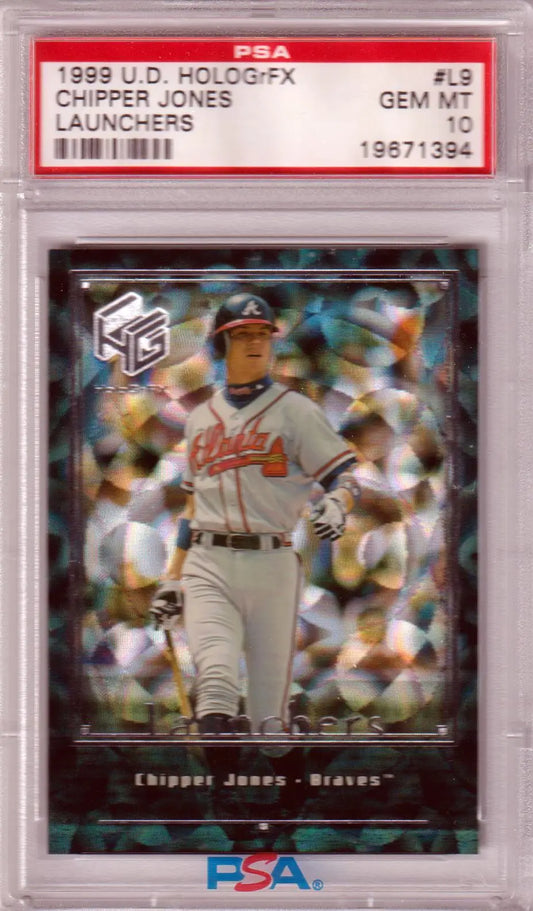 Graded Chipper Jones baseball card from 1999 Upper Deck Hologrfx Launchers series