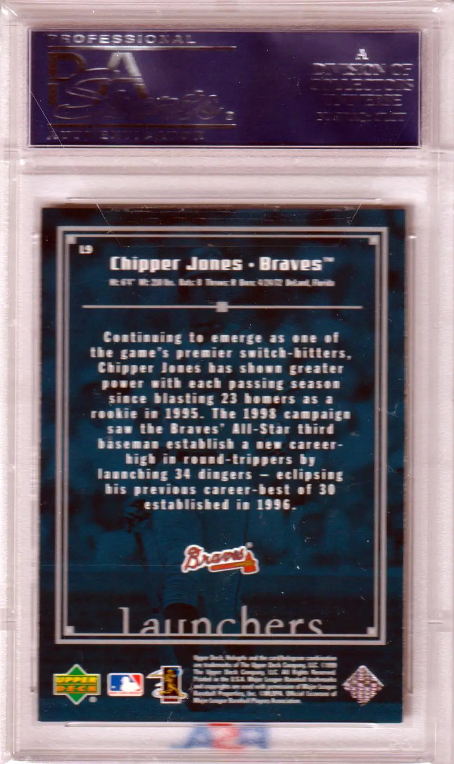 Graded Chipper Jones baseball card from 1999 Upper Deck Hologrfx Launchers PSA 10