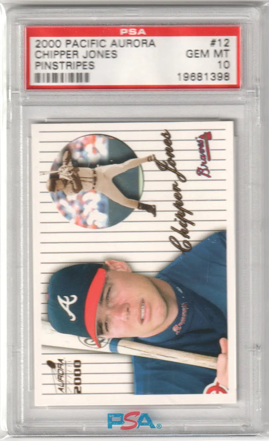 Graded Chipper Jones Columbia Hobby Pacific Aurora baseball card in PSA 10 gem mint condition