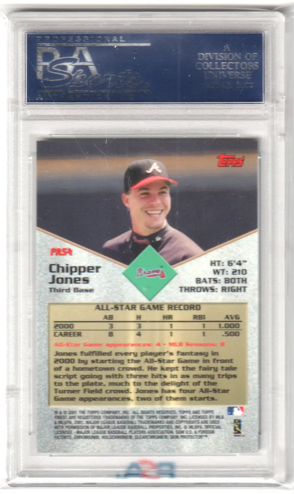Graded Chipper Jones baseball card FAS4 PSA 10 GEM MINT Columbia Hobby
