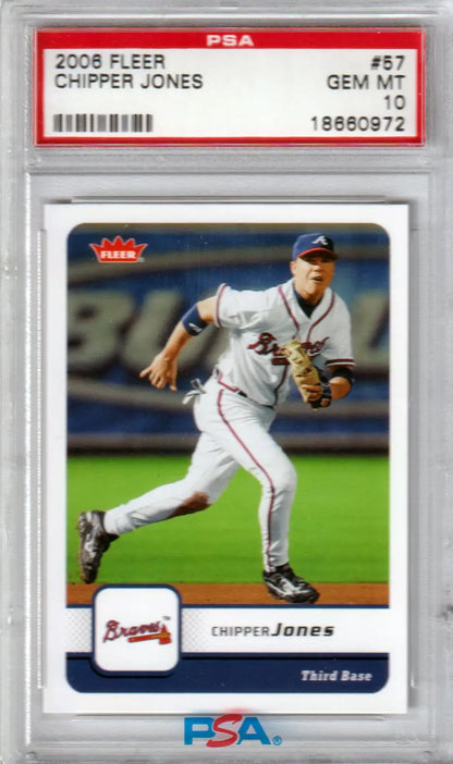 Graded Chipper Jones baseball card from Columbia Hobby, PSA 10 Gem Mint Fleer 2006