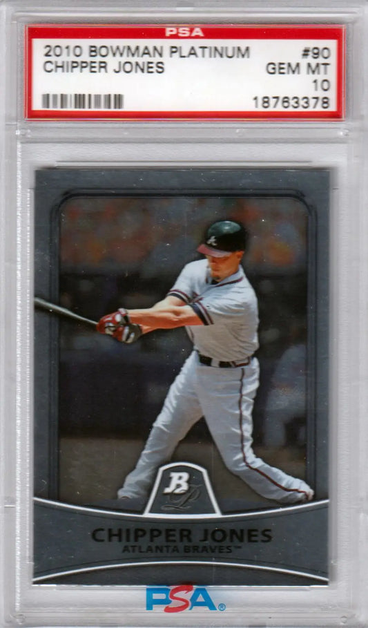 Graded Chipper Jones Bowman Platinum baseball card displayed by Columbia Hobby