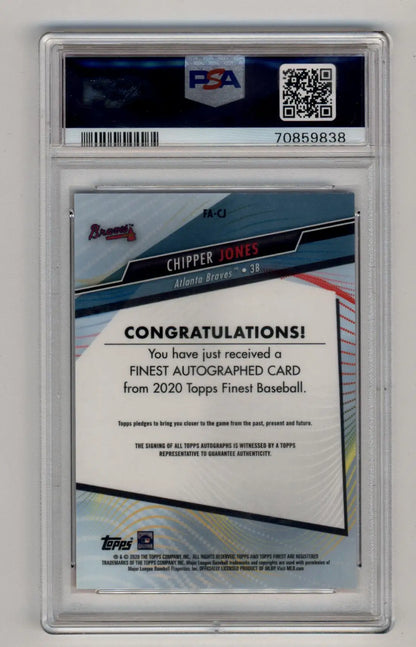 PSA-graded 2020 Topps Finest Chipper Jones orange wave refractor auto card in Gem Mint