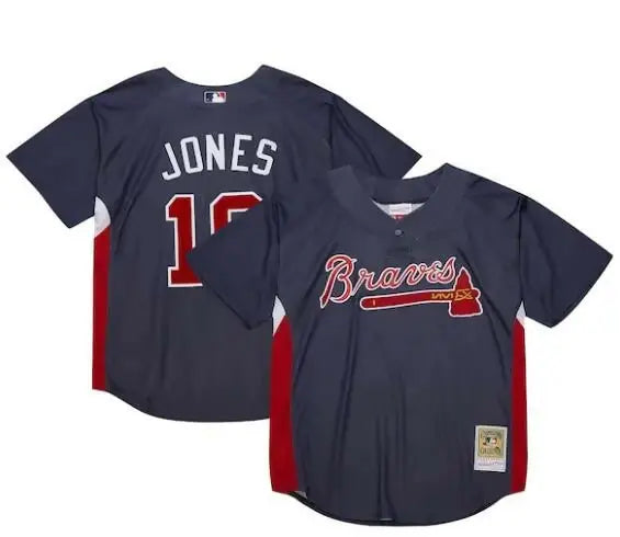 Two Atlanta Braves navy batting practice jerseys from the Cooperstown Collection