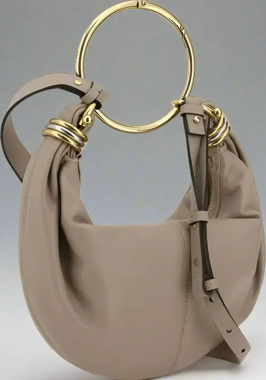 Taupe leather Chloé bracelet handbag with gold-tone ring handle and detachable strap