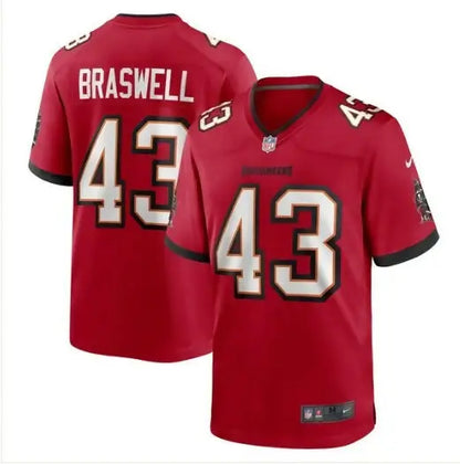 Red Tampa Bay Buccaneers Chris Braswell Nike Game Jersey #43 displayed on a product page