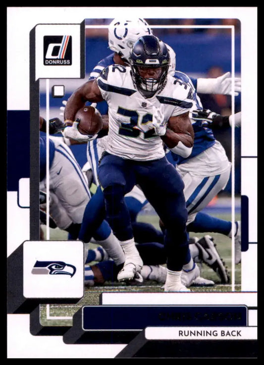 Football card featuring Chris Carson from 2022 Donruss Seahawks product