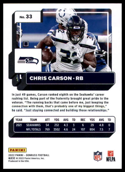 Chris Carson football card from 2022 Donruss Seattle Seahawks product display