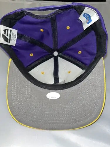 Purple and gray interior of Chris Carter Signed NFL Minnesota Vikings Eastport Cap Hat