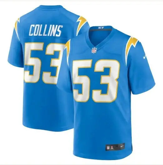 Two blue Los Angeles Chargers Nike Team Game jerseys with COLLINS and 53 on the back