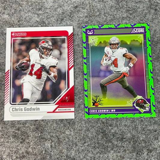 Two Chris Godwin Tampa Bay Buccaneers 2024 NFL football trading cards displayed