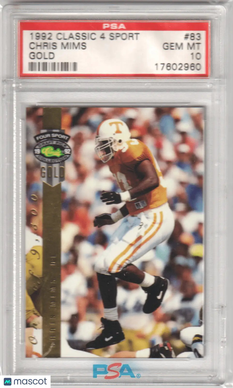 Graded Chris Mims football card from 1992 Classic 4 Sport Gold PSA 10 GEM MINT