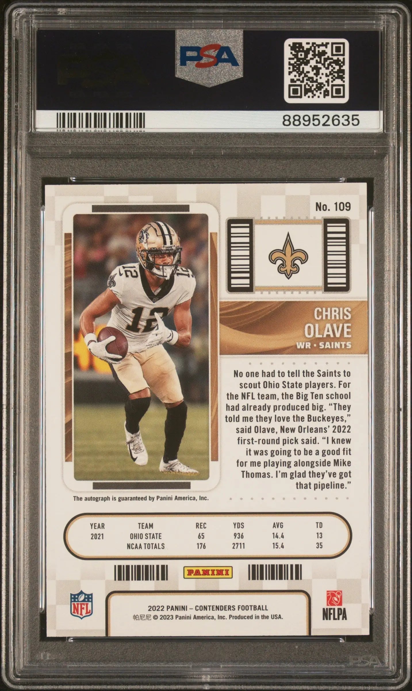 PSA-graded Chris Olave Panini Contenders Auto running with football in white uniform