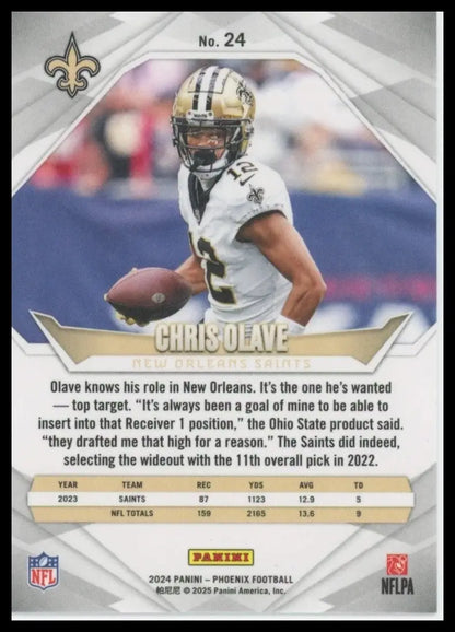 Back of 2024 Panini Phoenix Football Card featuring Chris Olave of the New Orleans Saints