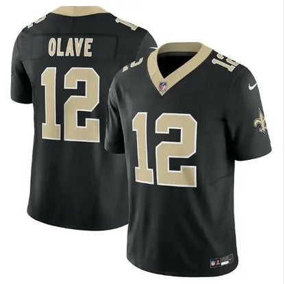 Black Chris Olave New Orleans Saints Nike Gameday Golds jersey with OLAVE 12 in gold