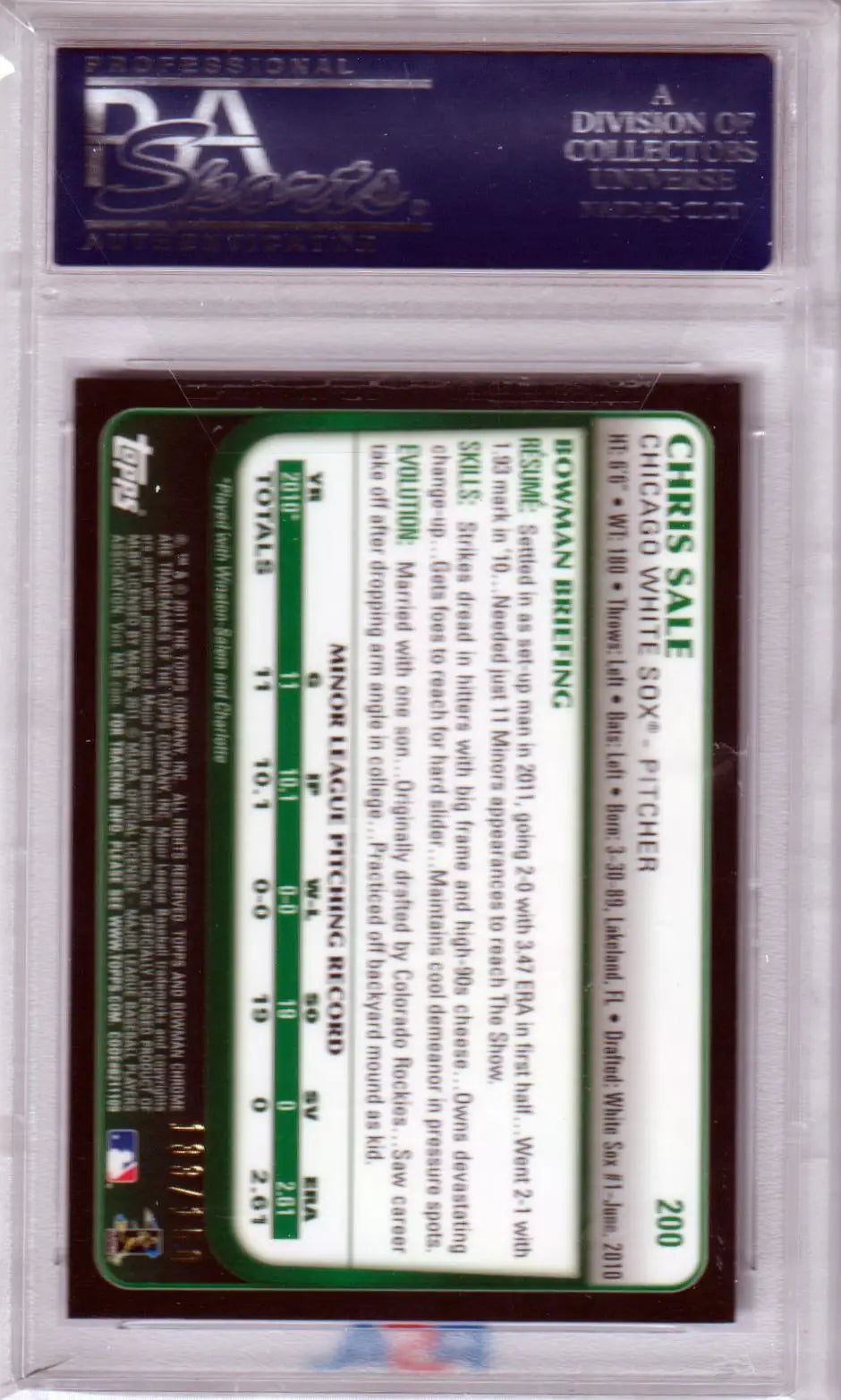 Graded Chris Sale 2011 Bowman Chrome Blue Refractor Baseball Card Columbia Hobby