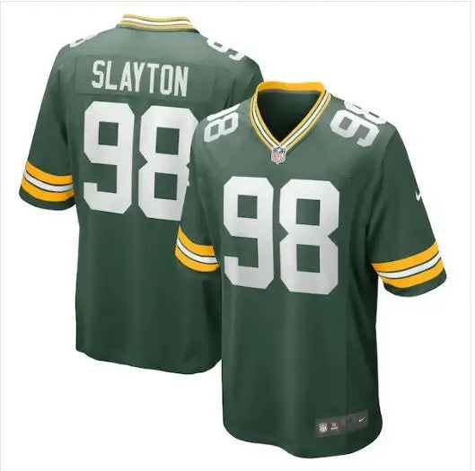 Green American football jersey with yellow and white striped sleeves and number 98