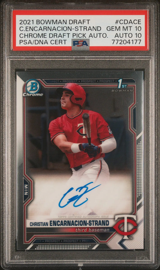 Christian Encarnacion-Strand 2021 Bowman Chrome Draft Auto baseball card in PSA 10